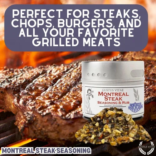 Vista 2 de Montreal - Condimento para carne, auténtica mezcla de especias gourmet artesanales, sin OMG, empaquetado en latas magnéticas, sostenible, cultivado