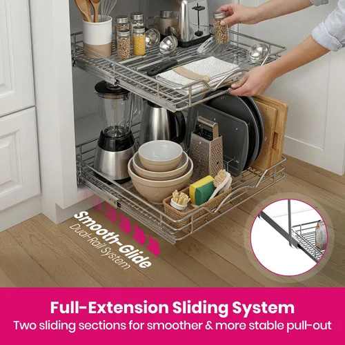 Vista 5 de HOLDN' STORAGE Organizador de gabinete extraíble de dos niveles, cajones deslizantes individuales, metal resistente con garantía limitada de por