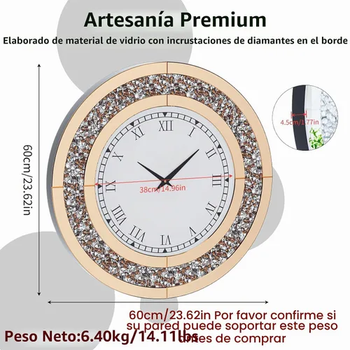 Vista 2 de Reloj de pared de diamante triturado redondo decorativo con espejo de 24 pulgadas, color marrón