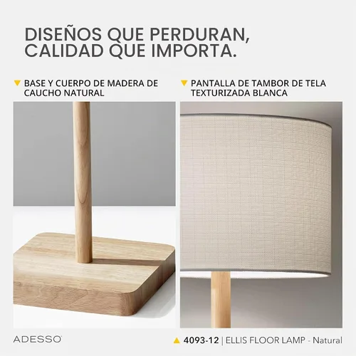 Vista 5 de Adesso Lámpara de pie con base de madera de caucho natural y pantalla de lino blanco, brillo ajustable de 3 vías, lámpara para dormitorio, sala
