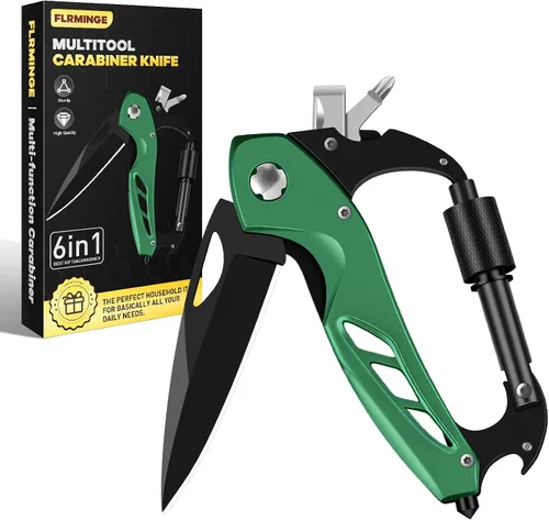 Vista 11 de Herramienta múltiple con mosquetón con cuchillo de bolsillo, equipo de supervivencia para camping y senderismo, llavero con mosquetones EDC