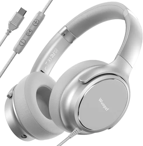 Vista 13 de Auriculares con cable USB C sobre la oreja con micrófono, control de volumen, puerto compartido y diadema ajustable, auriculares estéreo plegables