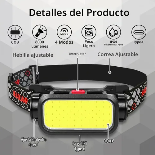 Vista 2 de Foleto - Linterna frontal recargable, 8000 lúmenes COB LED con luz roja