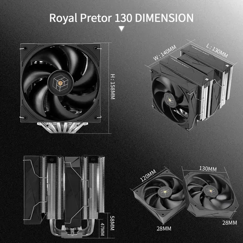 Vista 6 de Thermalright Royal Pretor 130 - Enfriador de CPU, 6 tubos de calor, disipador de calor de CPU, ventilador TL-H12-X28 y TL-HD13-X28, compatible