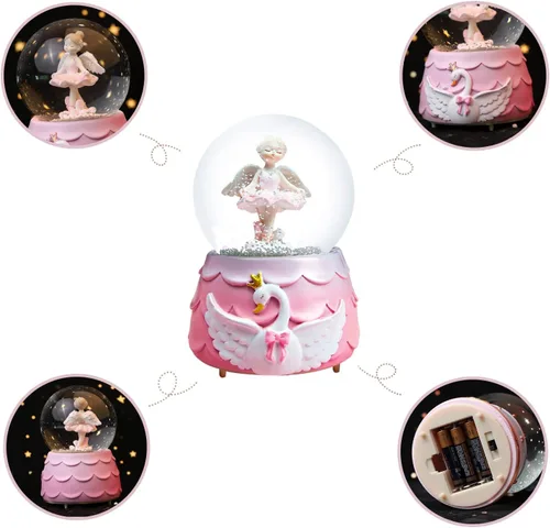 Vista 5 de Ballerina Girl Swan Lake Globo de nieve musical, globo de nieve de cristal de 3.150 in, caja de música de ballet con luces coloridas para niñas