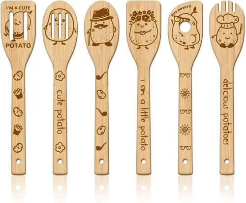 Vista 9 de GLOBLELAND Juego de 6 cucharas de madera para pastel de cumpleaños, utensilios de cocina de tallado de bambú, juego de espátulas de cocina grabadas