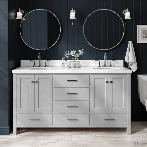 Vista 65 de ARIEL Cambridge tocador de baño con fregadero, madera maciza, encimera y protector contra salpicaduras de cuarzo blanco puro de 1.5 pulgadas