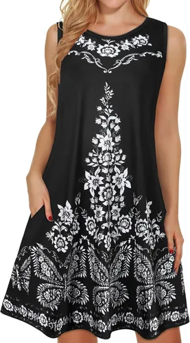 Vista 15 de elescat Vestidos de verano para mujer 2025, vestido casual de playa sin mangas con estampado floral, tipo camiseta, suelto y con bolsillos