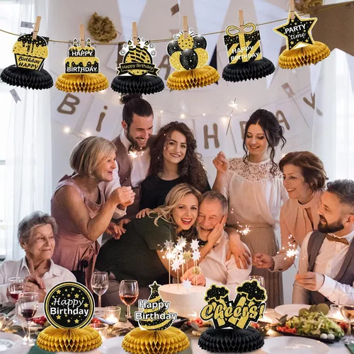 Vista 5 de Yexiya 9 Pieces Happy Birthday Table Centerpieces Black Gold Honeycomb Negro dorado