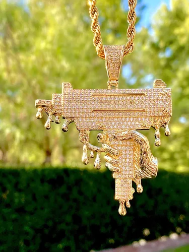 Vista 2 de Shop-iGold Custom Drip Gun Hombres Mujeres 925 Italia Oro Acabado Iced Charm Ice Out Colgante Acero Inoxidable Real 0.118in Cadena de cuerda, Mans