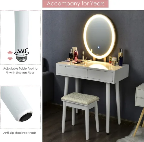 Vista 11 de CHARMAID Juego de tocador con espejo iluminado, espejo de brillo ajustable de 3 modos, tocador de maquillaje con taburete acolchado, 2 cajones