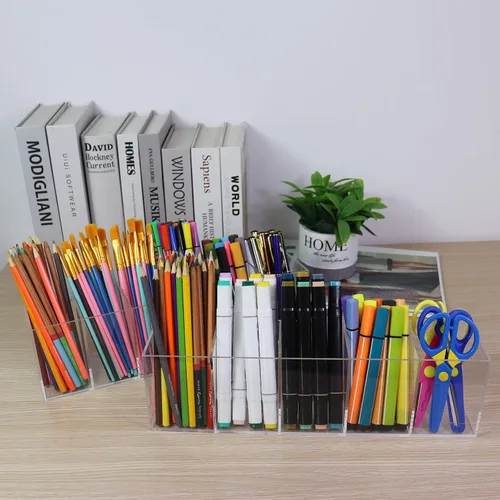Vista 6 de Soporte acrílico para bolígrafo, 6 compartimentos, marcador de lápiz transparente, organizador de artículos de papelería para suministros de arte