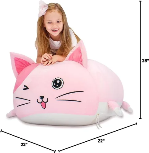 Vista 8 de Anzitinlan Lindo puf de gato para niños, puf de almacenamiento de animales de peluche rosa para decoración de habitación de niñas