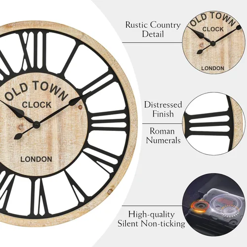 Vista 7 de EMAX HOME Reloj de pared grande – Reloj de pared decorativo de estilo rústico estilo granja, diseño de números romanos rústicos, reloj de pared