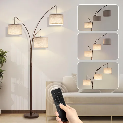 Vista 9 de Lámpara de pie con control remoto, lámparas de pie de arco de 3 luces para sala de estar, lámparas de pie altas de 2400 lm con pantallas blancas