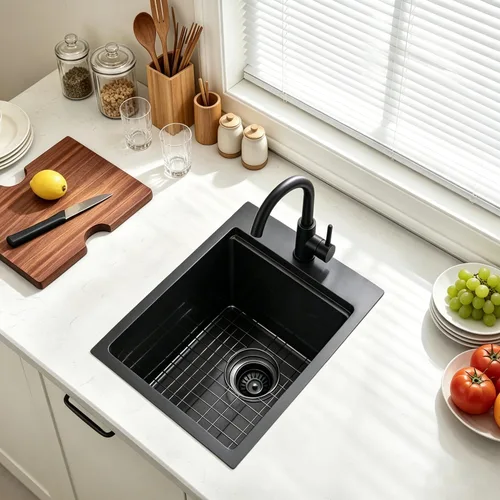 Vista 4 de Fregadero de Barra Negro de Montaje Inferior, Fregadero de Cocina de Acero Inoxidable de 15x20 Pulgadas, Estación de Trabajo de Montaje Superior