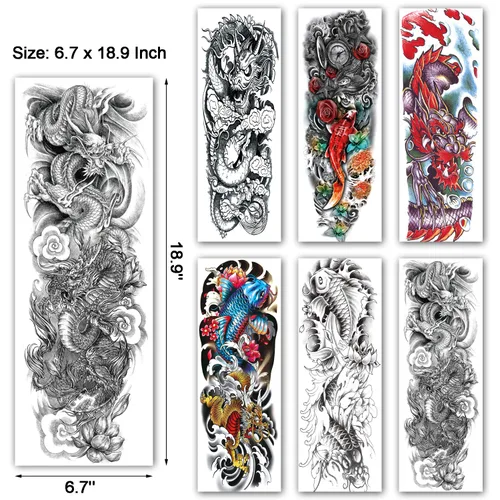 Vista 2 de Tatuajes temporales de manga de pez dragón, tatuajes temporales de dragón de pez falso, tatuajes de medio brazo y mangas de tatuaje extra grandes