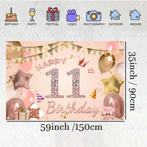 Vista 2 de Cartel de tela para decoración de cumpleaños número 11 para niñas de 11 años, cartel de tela para fiesta de cumpleaños de niña, fondo de foto rosa