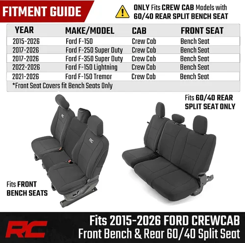 Vista 4 de Rough Country Fundas de asiento delantero y trasero de neopreno para Ford F-150, Lightning, F-250 y F-350 (2015-2026) Crew Cab con asiento delantero
