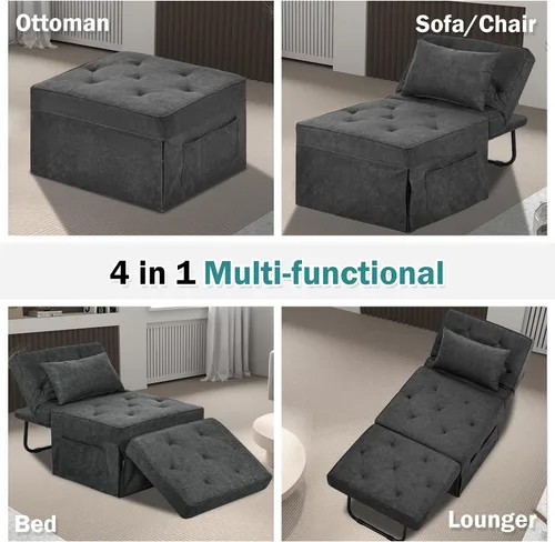 Vista 10 de Sofá Cama Convertible, Cama Otomana Plegable Multifunción 4 en 1 con Respaldo Ajustable, Moderna Silla Cama Extraíble para Sala de Estar Gris
