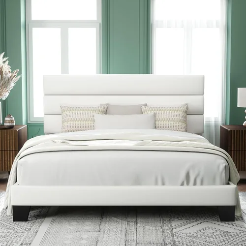 Vista 18 de Allewie Base de cama de plataforma de tamaño individual con cabecera tapizada de tela y soporte de listones de madera, base de colchón totalmente