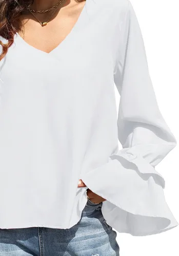 Vista 7 de LYANER Blusa casual de manga larga con cuello en V y volantes para mujer