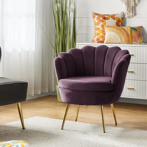 Vista 10 de HULALA HOME Silla decorativa moderna de terciopelo con respaldo en forma de concha, bonito sillón para sala de estar, dormitorio con patas doradas