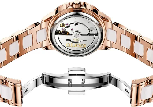 Vista 4 de OLEVS Relojes para mujer, de cuerda automática, oro rosa, diamante, reloj de pulsera mecánico automático, acero inoxidable, dos tonos, pulsera