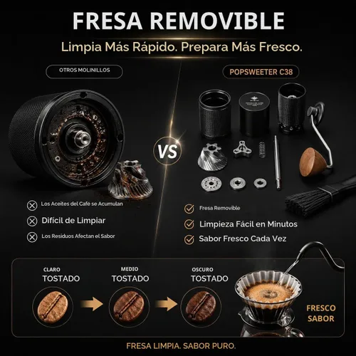 Vista 2 de Molinillo de café manual POPSWEETER C38 POPSWEETER C38 - Molinillo de café manual, rebaba de acero inoxidable de 1.496 pulgadas, más de 36 ajustes