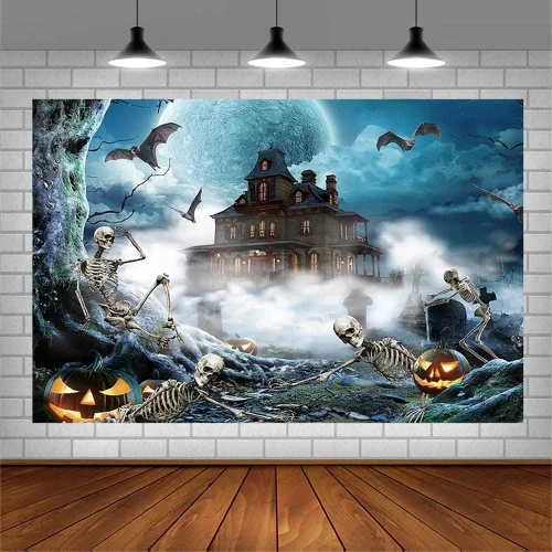 Vista 3 de SENDY Telón de fondo de Halloween de 7 x 5 pies, decoración de fiesta de Halloween azul, suministros para niños, cráneo, cementerio aterrador