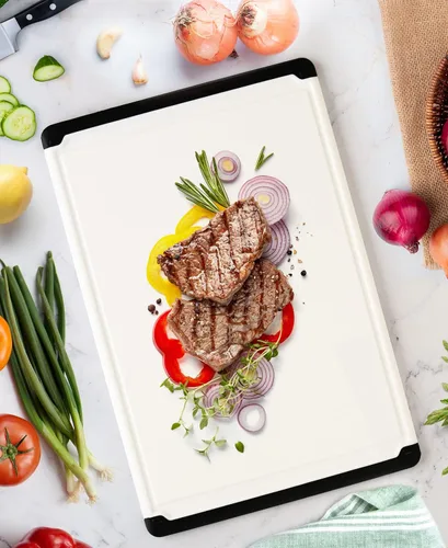 Vista 8 de Tabla de cortar de plástico para cocina, tabla de cortar extragrande de 18 pulgadas, ranura para jugos, pies antideslizantes, apta