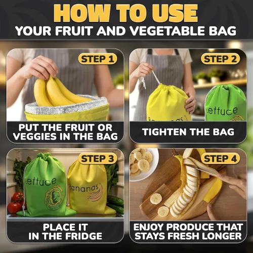 Vista 5 de Bolsas de producción reutilizables para plátanos y lechuga frescas – Bolsas de almacenamiento para verduras y frutas con forro de aluminio
