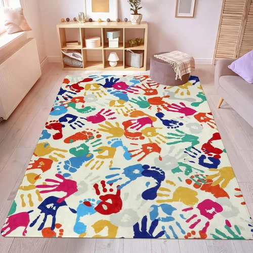 Vista 9 de STARUIA - Alfombra de huellas de manos y pies para niños para sala de juegos, alfombra de guardería lavable de 3 x 5 pies de colores para habitación