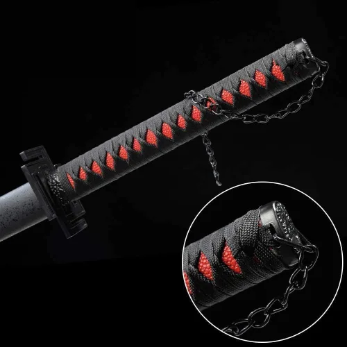 Vista 2 de Cosplay Anime Kurosaki Ichigo Shikai Zanpakutou Espadas Katana Samurai, hoja de cuchillo original de anime hecha de hoja de acero al carbono