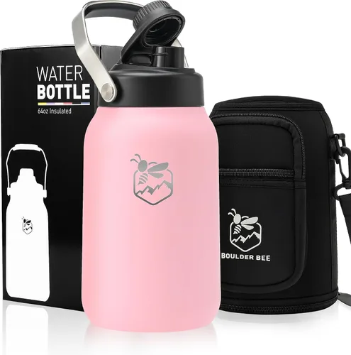 Vista 9 de Boulder Bee Botella de agua aislada Jarra de agua de medio galón con asa Acero inoxidable de 64 onzas con bolsa de transporte Doble vacío