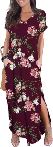 Vista 28 de GRECERELLE - Vestido largo para mujer, holgado, con bolsillos, manga corta y abertura lateral, estilo informal Verde militar