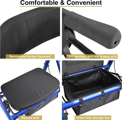 Vista 5 de AW Andador con asiento plegable, andador bariátrico vertical médico para personas mayores, aluminio resistente con doble freno, soporta hasta 450