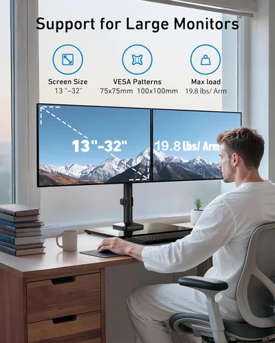 Vista 2 de HUANUO Soporte de monitor doble independiente, soporte de monitor doble de 32 pulgadas para 2 pantallas, soporta hasta 19.8 libras por brazo