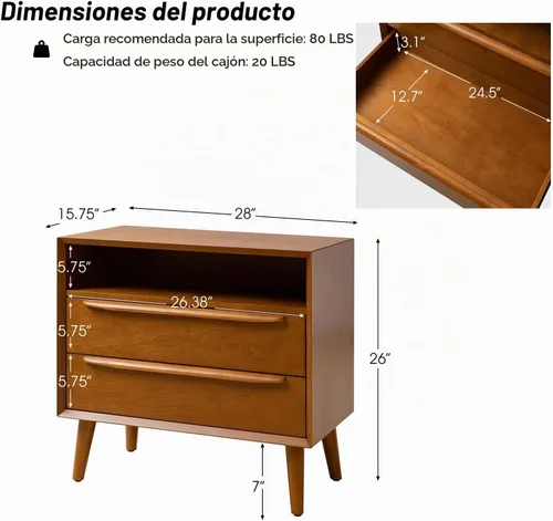Vista 2 de HULALA HOME Mesa auxiliar con estación de carga, 2 cajones, bellota Acorn