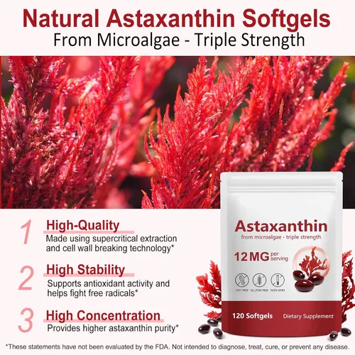 Vista 2 de Suplementos de astaxantina de 12 mg, 120 cápsulas blandas, suministro para 4 meses, suplementos antioxidantes de astaxantina premium con actividad