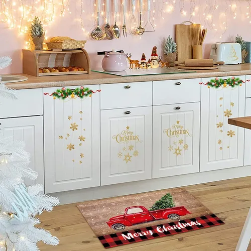 Vista 5 de Tapete de cocina de Feliz Navidad, 2 piezas, acolchado, antifatiga, alfombra de camino de cocina, camión rojo con árbol de Navidad, tapete de madera