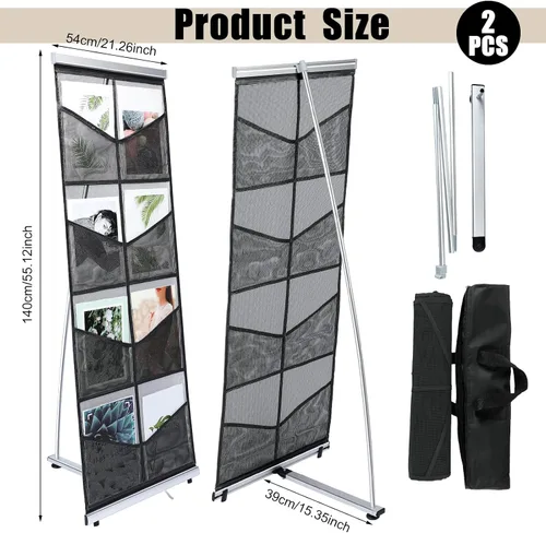 Vista 2 de Outus Soporte para folletos de 2 piezas con 8 bolsillos, estante de malla para literatura, soporte de exhibición portátil para revistas, estante