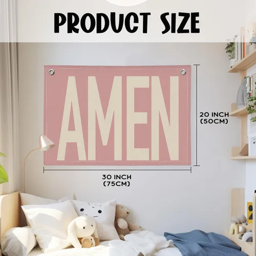 Vista 2 de Rosa "AMEN" Arte de Pared 20x30 Pulgadas - Decoración Cristiana Coquette, Colgante para Dormitorio de Niñas, Bandera de Oración de Lino, Letrero