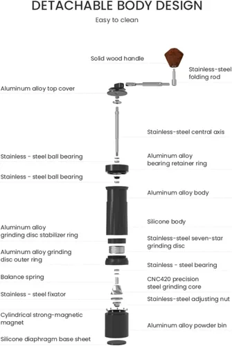 Vista 8 de Molinillo de café manual – Fresa de acero inoxidable de 7 estrellas, 36 ajustes de molienda ajustables, manivela plegable, molinillo de café manual