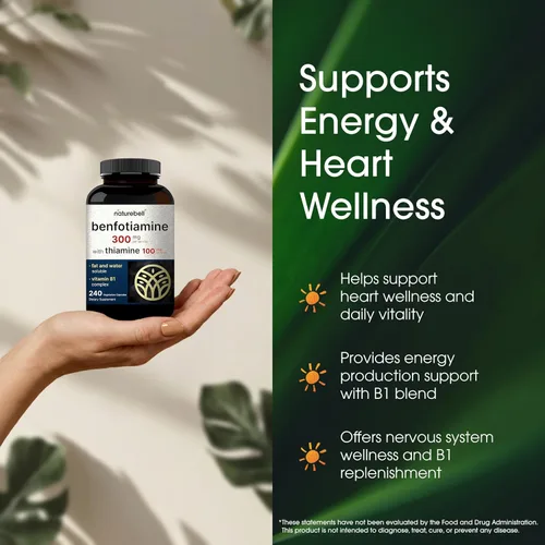Vista 4 de NatureBell Benfotiamina con tiamina - 240 cápsulas vegetarianas - 300 mg de benfotiamina y 100 mg de tiamina - para la salud del corazón, producción