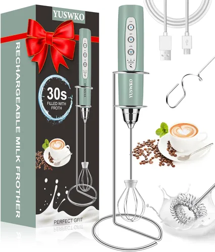 Vista 32 de YUSWKO Baby Blue - Varita espumadora de leche de mano para café, batidor eléctrico recargable con 3 cabezales, 3 velocidades, mezclador de bebidas
