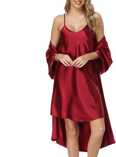 Vista 5 de Conjunto de bata de satén para mujer, 2 piezas, camisón de seda, pijama sexy floral de encaje, ropa de dormir, batas de noche