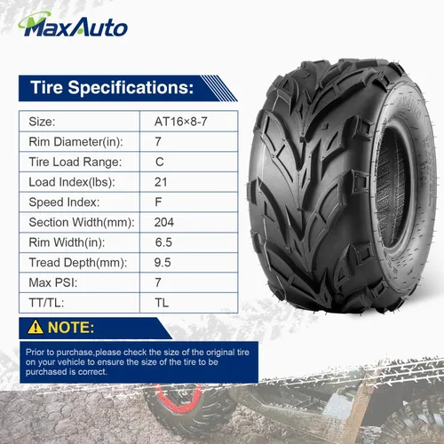 Vista 3 de MaxAuto Neumáticos ATV 16x8-7 16x8x7 Go Kart Quad Neumáticos 6 PR sin cámara todo terreno UTV, paquete de 2