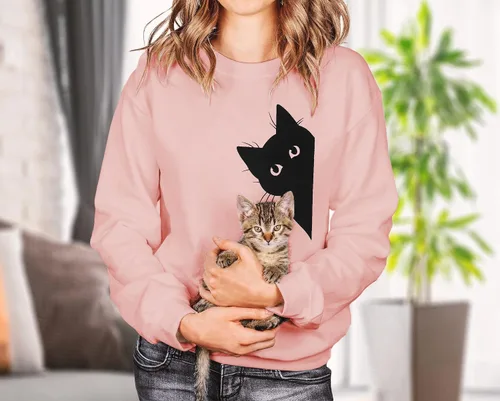Vista 2 de FRYAID Sudadera con capucha ligera de manga larga con estampado de gato para mujer