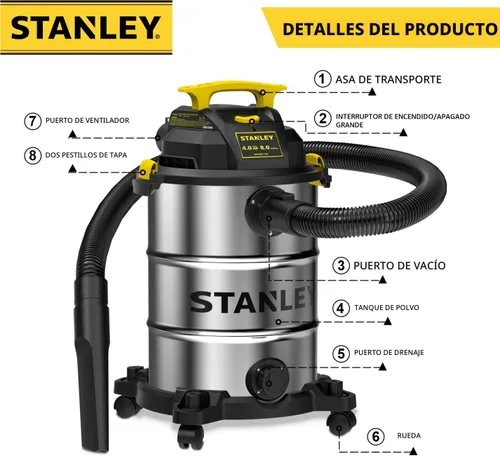Vista 3 de STANLEY Aspiradora húmeda y seca de 8 galones y 4 HP Peak Shop con accesorio, SL18117